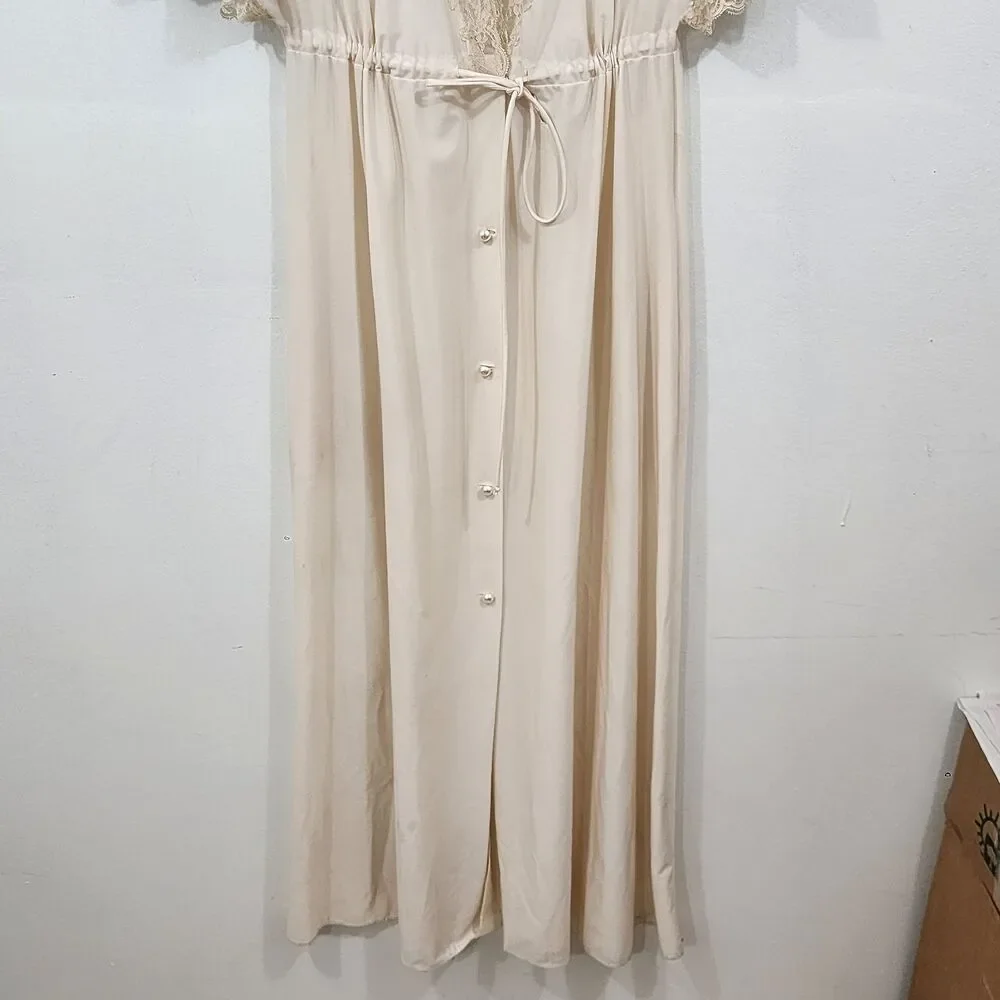 Vintage Shadowline Ivory Nylon Lace Button Front Robe Tie Waist Flare Sleeve SML